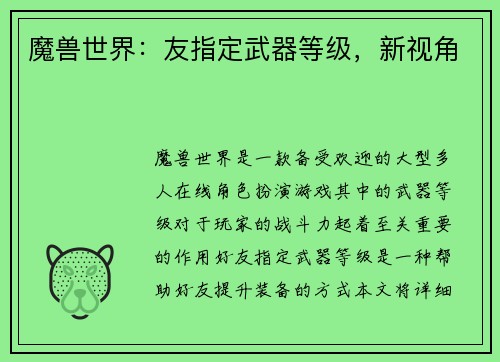 魔兽世界：友指定武器等级，新视角